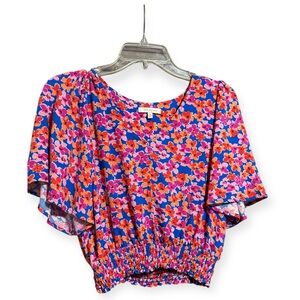 Skies Are Blue Floral Smocked Waist Flutter Sleeve Cropped Blouse Medium Boho